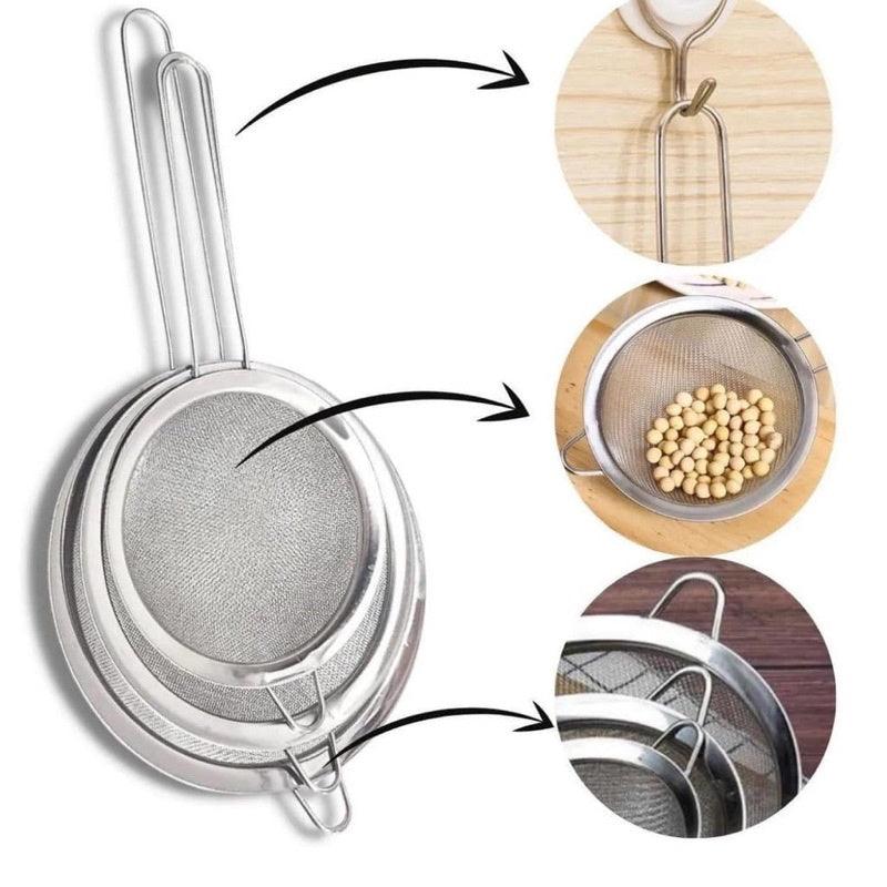 Kit 3 Peças Peneira Coador Aço Inox Para Cozinha 3 Tamanhos P M G 8/10/12 cm