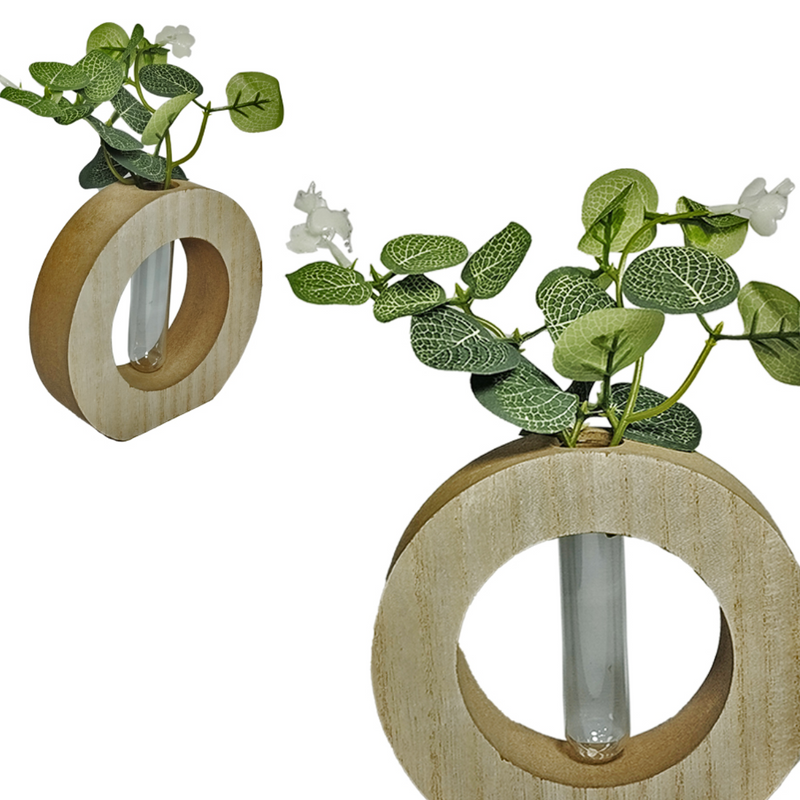 ENFEITE REDONDO DE MADEIRA MDF COM VASO DE VIDRO DE FLOR ARTIFICIAL:Mini Jardim Encantado: Floresça a sua decoração!