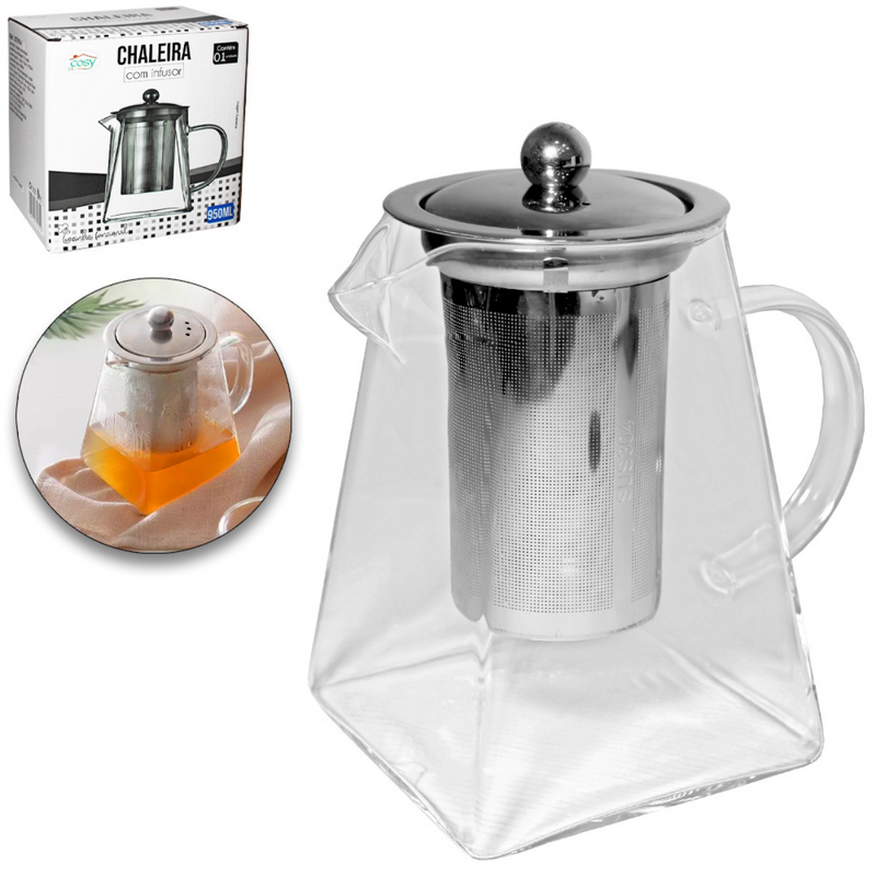 CHALEIRA DE VIDRO QUADRADA COM INFUSOR E TAMPA DE INOX 950ML
