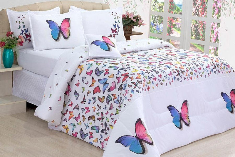 Kit 4 Pçs Edredom Casal Queen Size Percal 180 Fios Dupla Face Borboletas