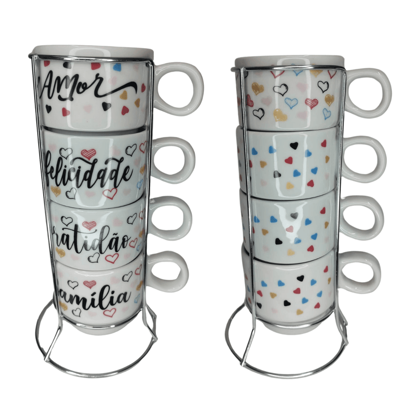 conjunto de 4 xícaras de Porcelana com suporte metal!Encante seus dias com um toque de charme e inspiração