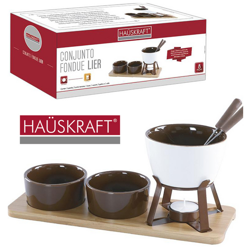 JOGO DE FONDUE DE PORCELANA LIER 2 GARFOS / PANELA / SUPORTE / VELA HAUSKRAFT 300/130ML