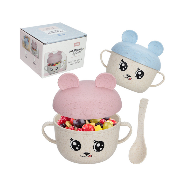 KIT ALIMENTACAO / PAPINHA CANECA COM 2 ALCAS + COLHER E TAMPA DE PLASTICO