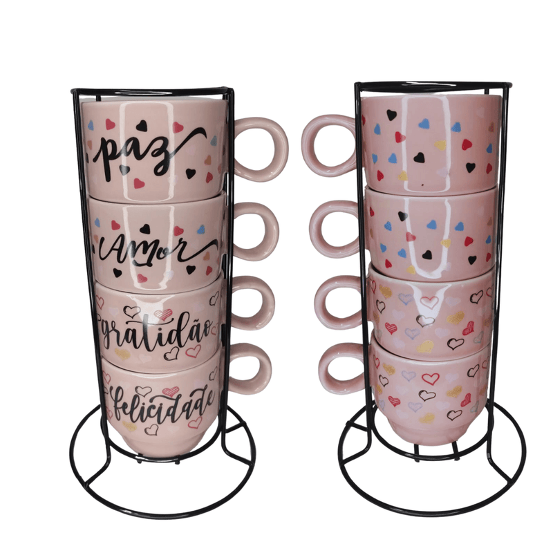 conjunto de 4 xícaras de Porcelana com suporte metal!Encante seus dias com um toque de charme e inspiração