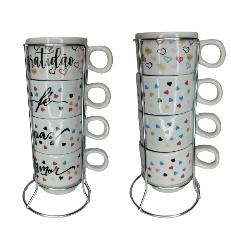 conjunto de 4 xícaras de Porcelana com suporte metal!Encante seus dias com um toque de charme e inspiração