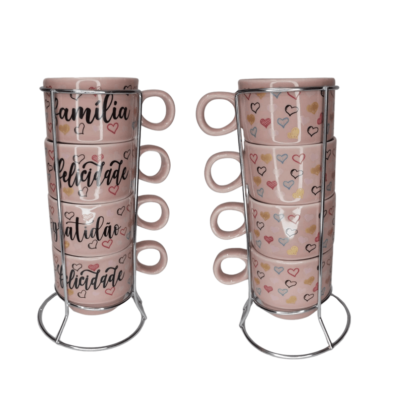 conjunto de 4 xícaras de Porcelana com suporte metal!Encante seus dias com um toque de charme e inspiração