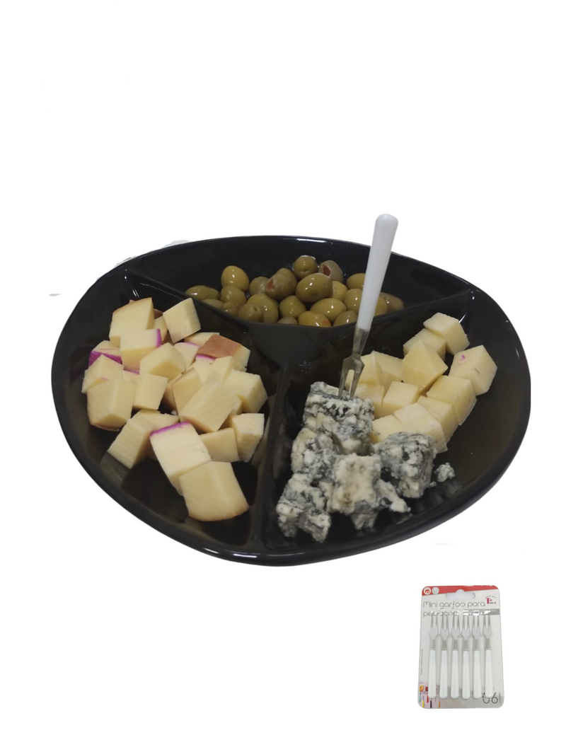 Petisqueira Redonda com 3 Divisórias + conjunto de 6 mini garfos: Organize e Sirva com Praticidade e Elegância!