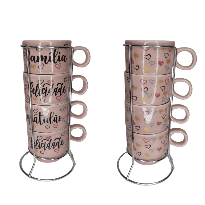 conjunto de 4 xícaras de Porcelana com suporte metal!Encante seus dias com um toque de charme e inspiração