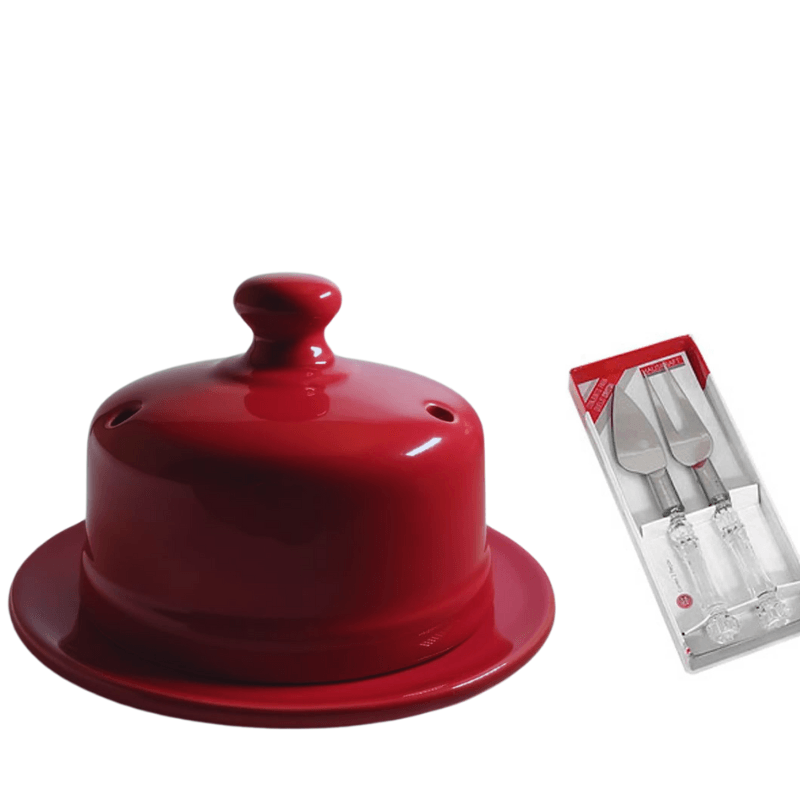 Queijeira de Cerâmica +Conjunto P/ Queijo Cristal 2 Peças Em Aço Inox: Um toque de charme e praticidade para sua mesa